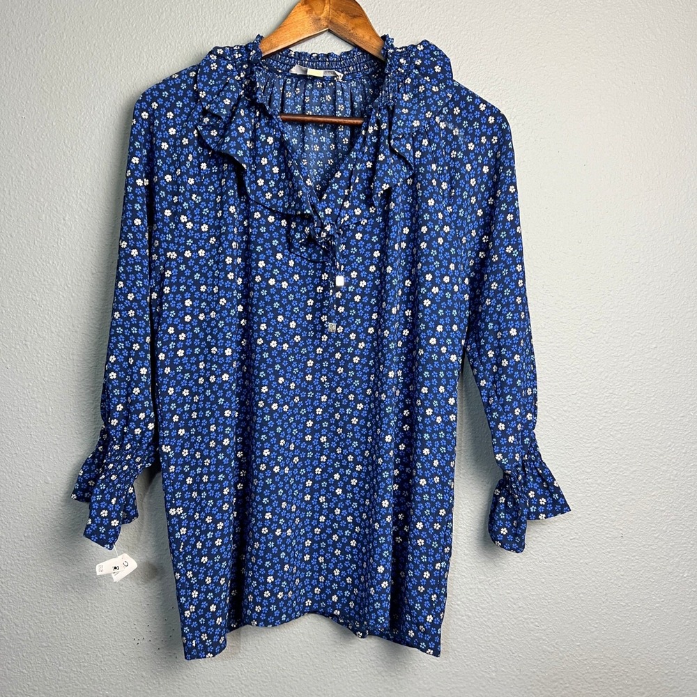 Michael Kors Floral Ruffle Blouse Prairie Cottagecore L/SL Top Smocked Blue Sz L